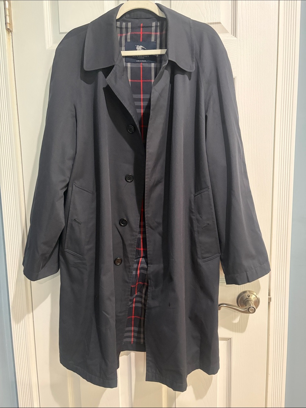 Burberry Navy Trench Coat with Signature Plaid Lining